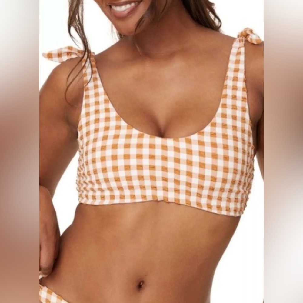 Andie Anthropologie Swim Bikini Top Plaid Check Ties Beach Summer Medium
